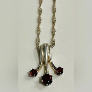 Bocco 925 Sterling Silver Three Garnet Stone Pendant Necklace 18”Made in Italy
